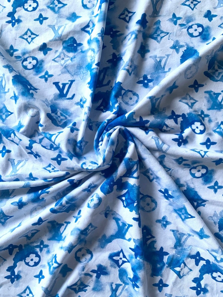 Stretchy Blue Watercolor LV Cotton Fabric for T-Shirt - mingfabricstore