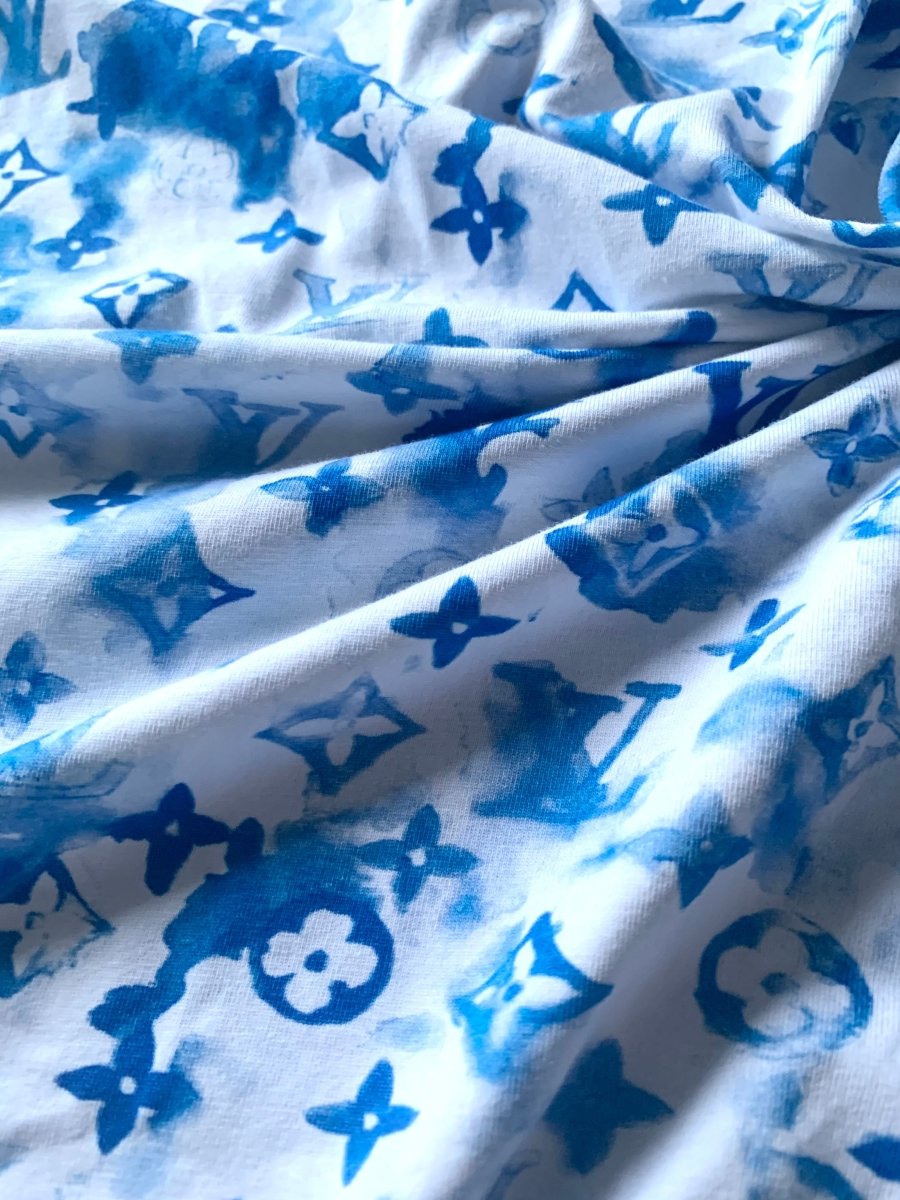 Stretchy Blue Watercolor LV Cotton Fabric for T-Shirt - mingfabricstore