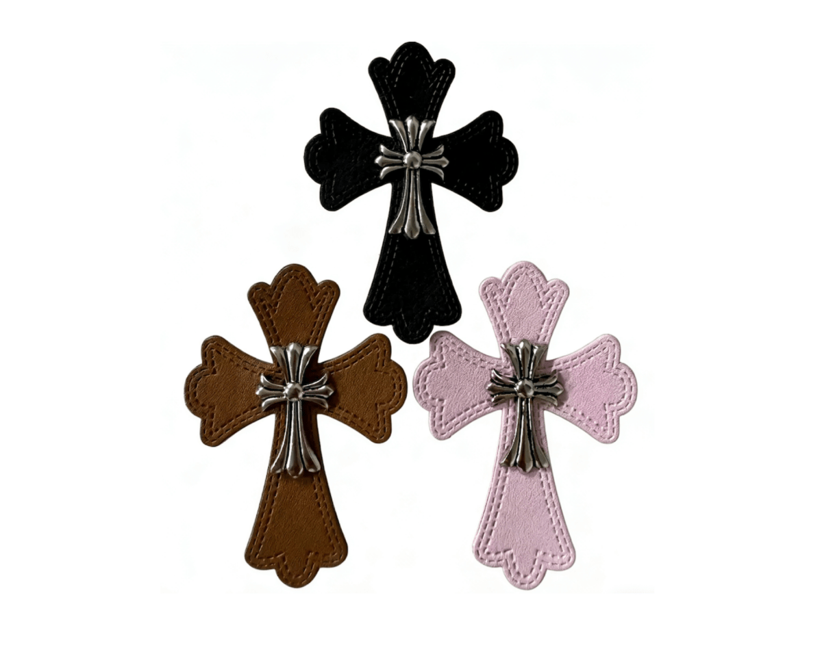 Vintage Gothic Chrome Cross Leather Patch Label Badge With Metal Emblem - mingfabricstore