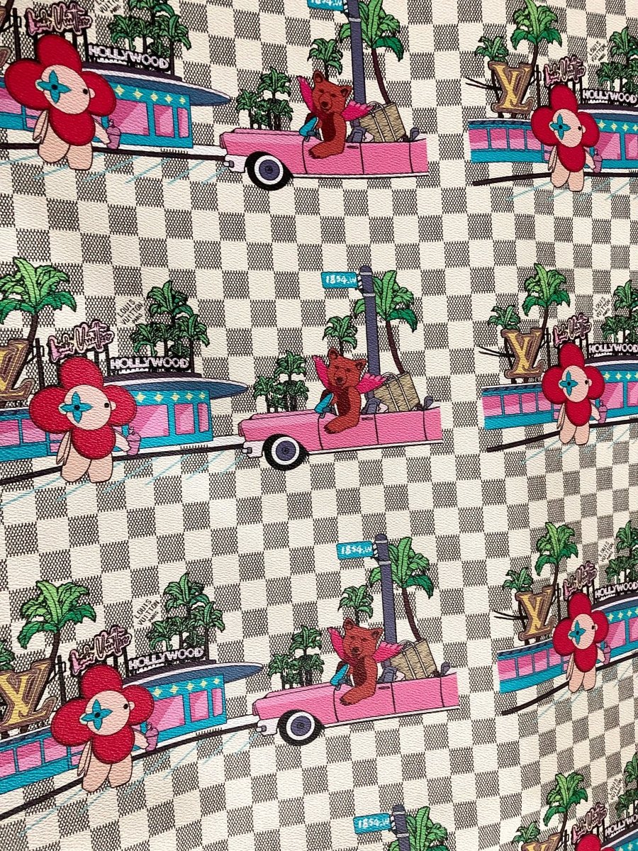 White Damier Cartoon LV Leather Fabric for Custom Bag - mingfabricstore
