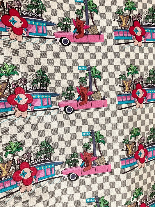 White Damier Cartoon LV Leather Fabric for Custom Bag - mingfabricstore