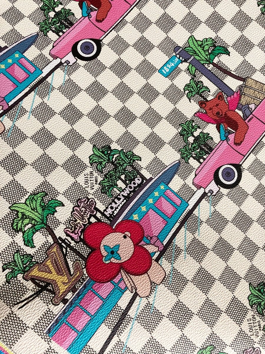 White Damier Cartoon LV Leather Fabric for Custom Bag - mingfabricstore