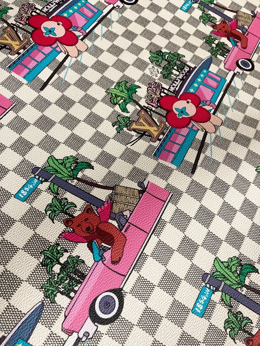 White Damier Cartoon LV Leather Fabric for Custom Bag - mingfabricstore