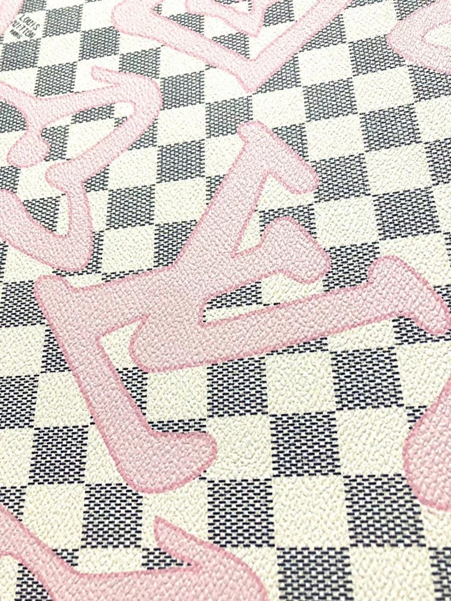 White Damier LV Check Pink Graffiti Designer Vinyl Leather for Bag - mingfabricstore