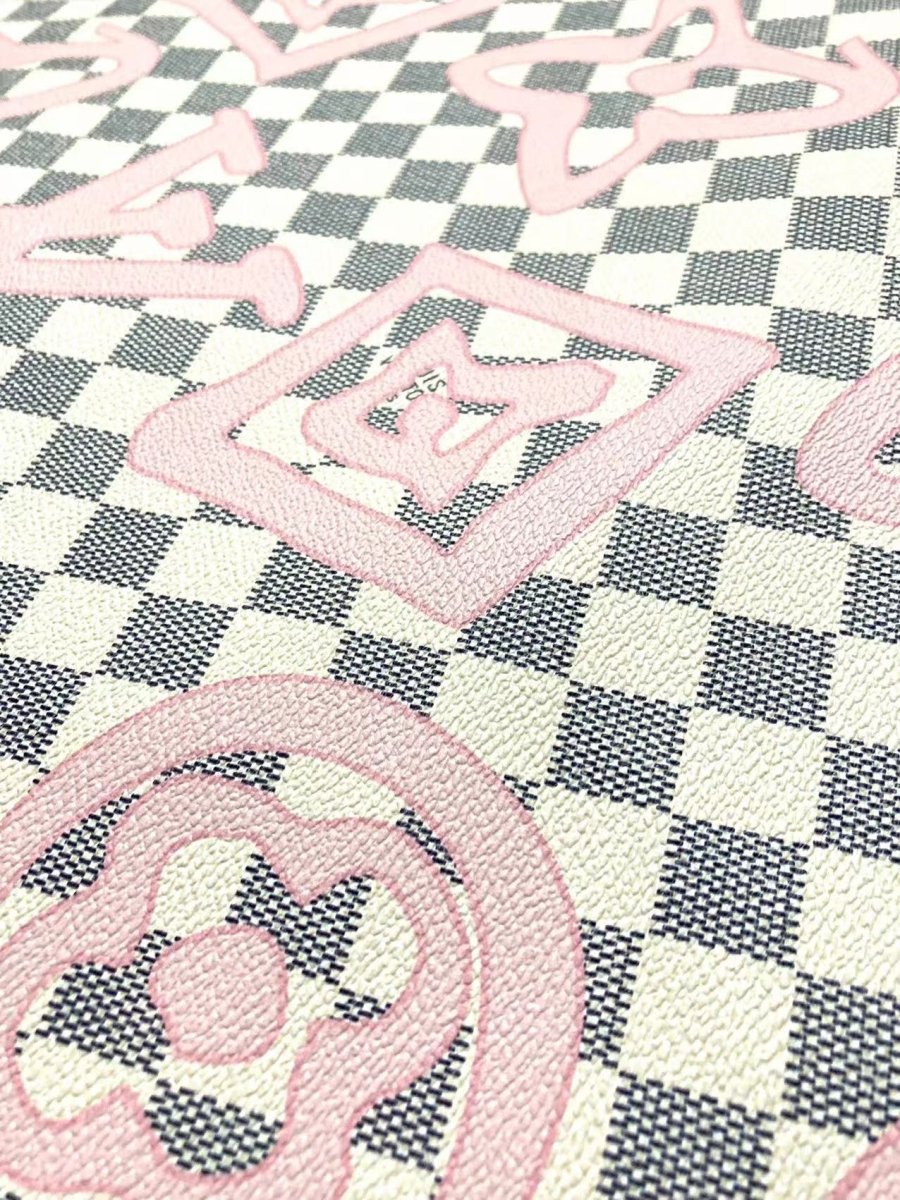 White Damier LV Check Pink Graffiti Designer Vinyl Leather for Bag - mingfabricstore