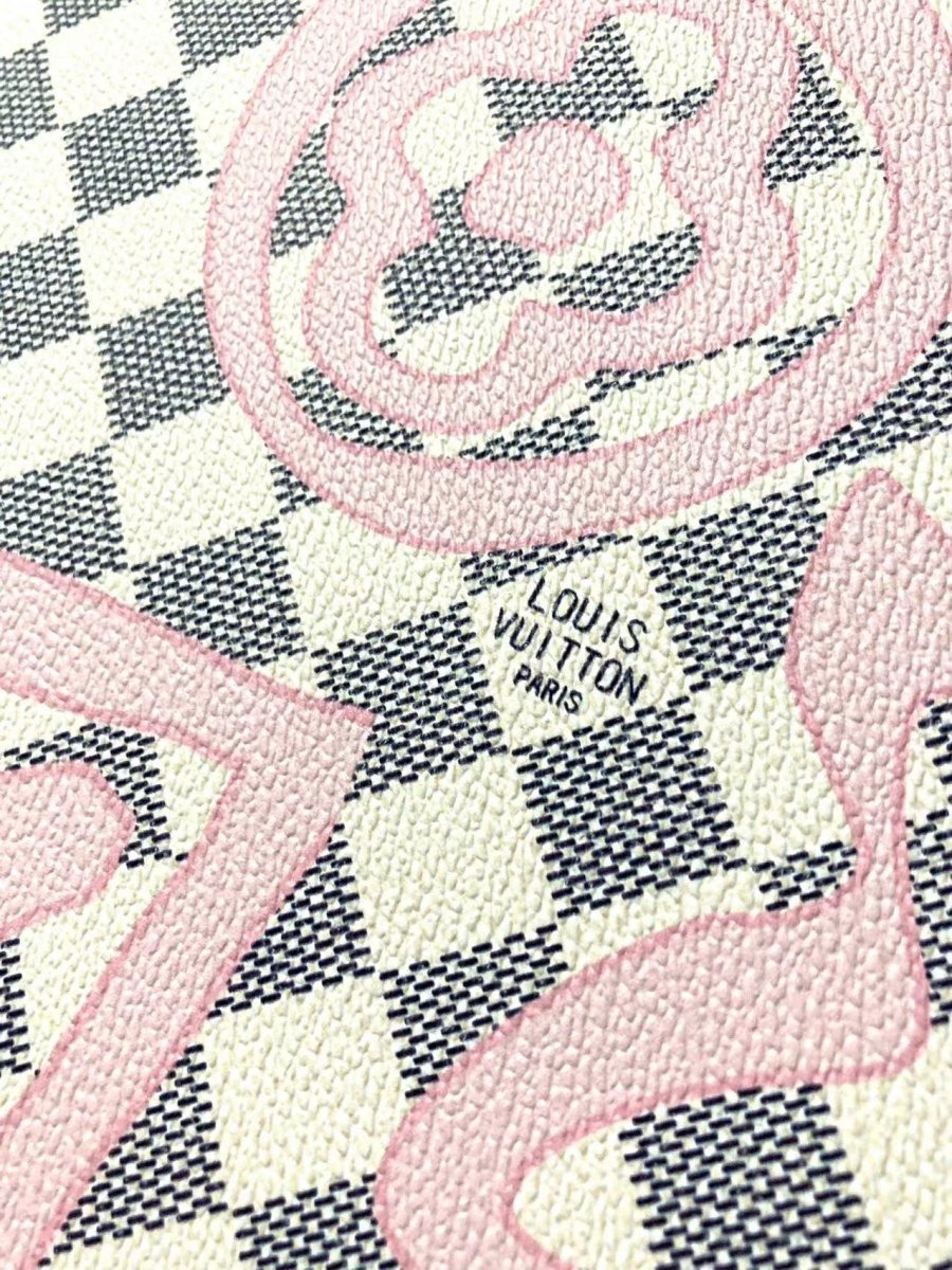 White Damier LV Check Pink Graffiti Designer Vinyl Leather for Bag - mingfabricstore