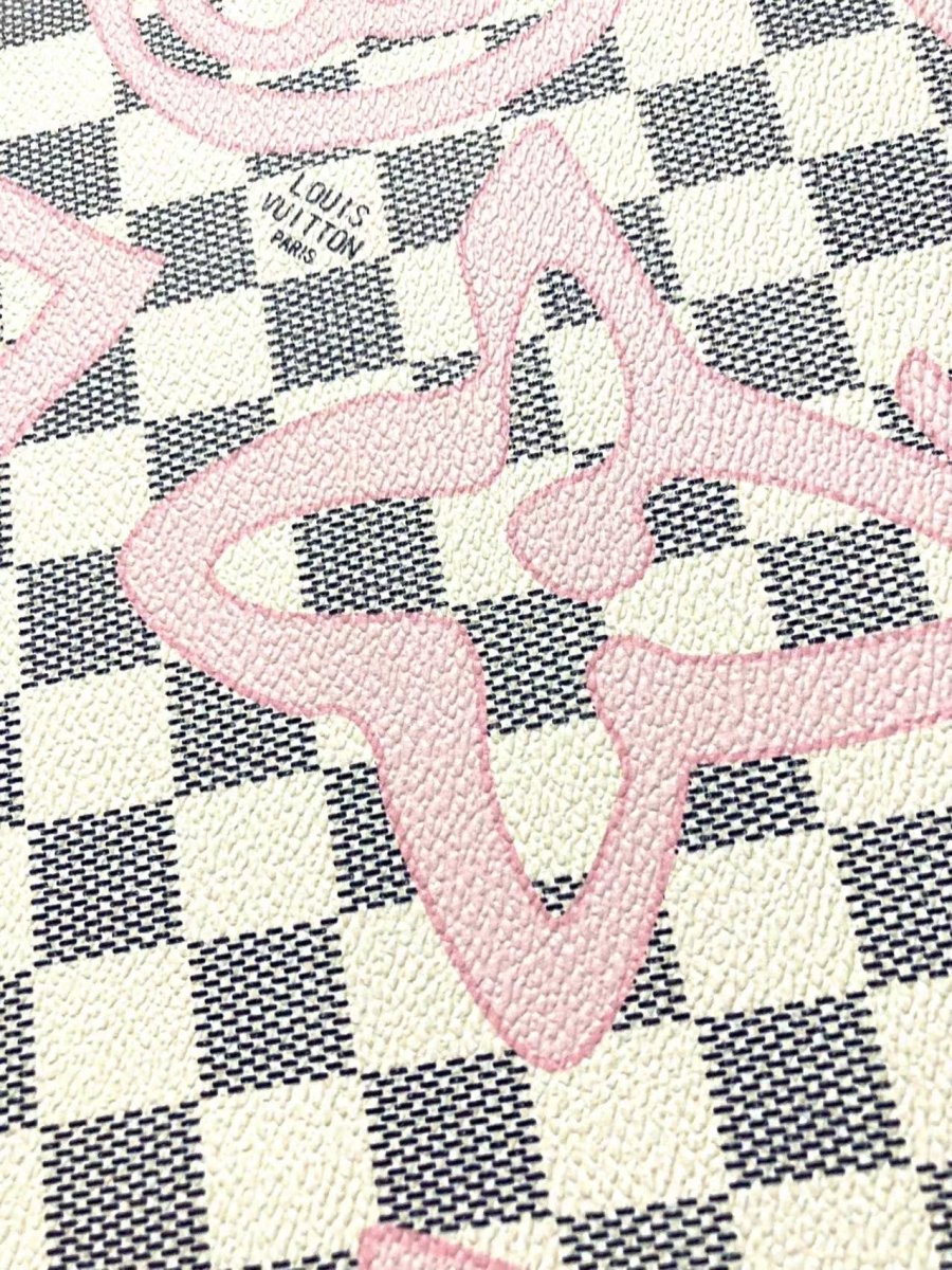 White Damier LV Check Pink Graffiti Designer Vinyl Leather for Bag - mingfabricstore