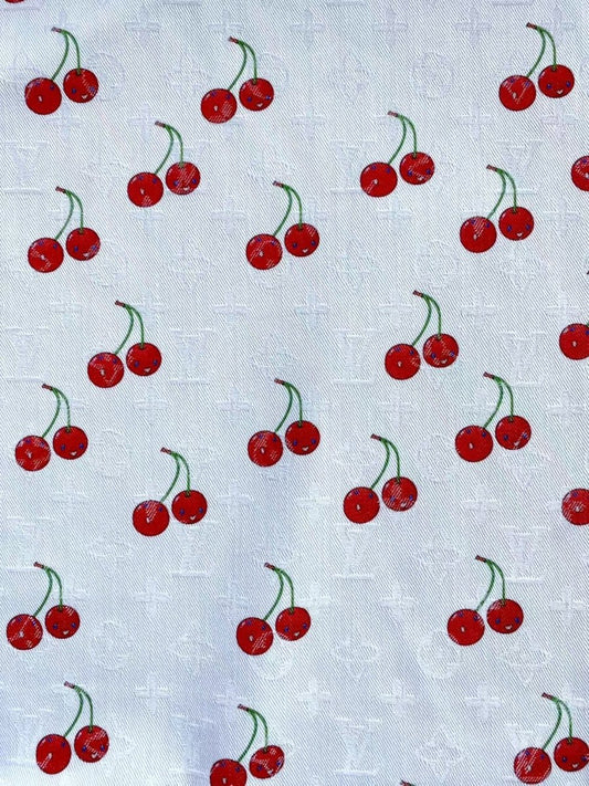 White Denim Designer Fabric Louis Vuitton MURAKAMI Cherry - mingfabricstore