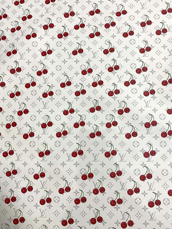 White Grey Cherry Takashi Murakami LV Leather Designer Fabric - mingfabricstore