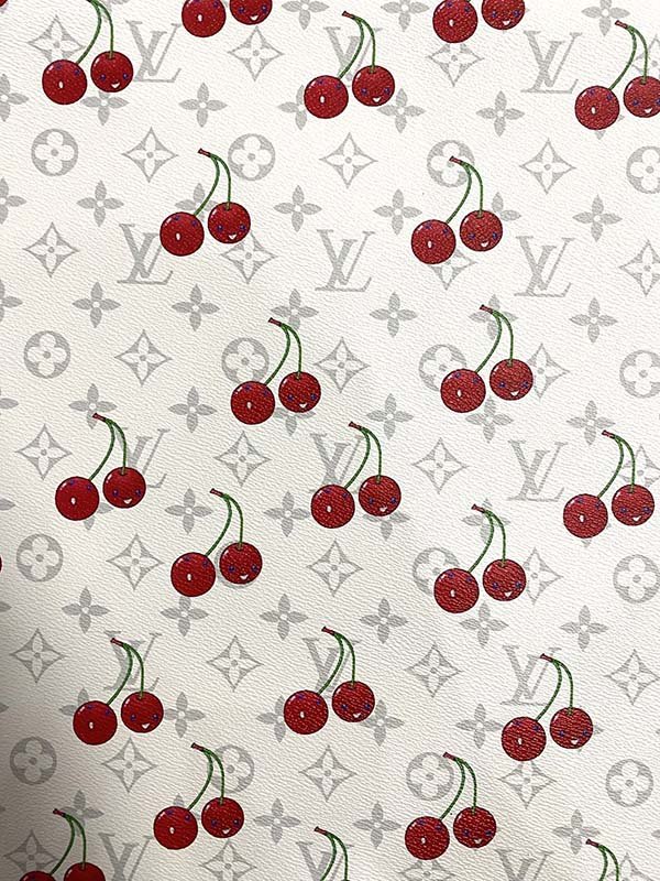 White Grey Cherry Takashi Murakami LV Leather Designer Fabric - mingfabricstore