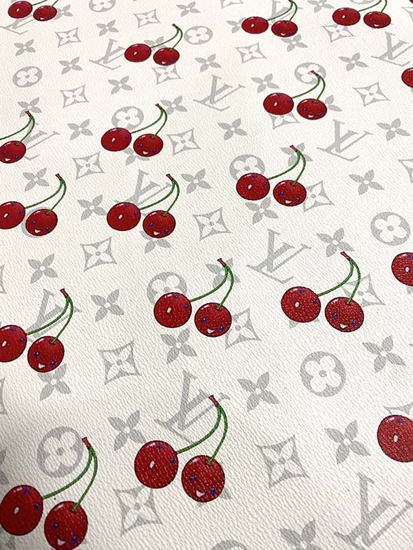 White Grey Cherry Takashi Murakami LV Leather Designer Fabric - mingfabricstore