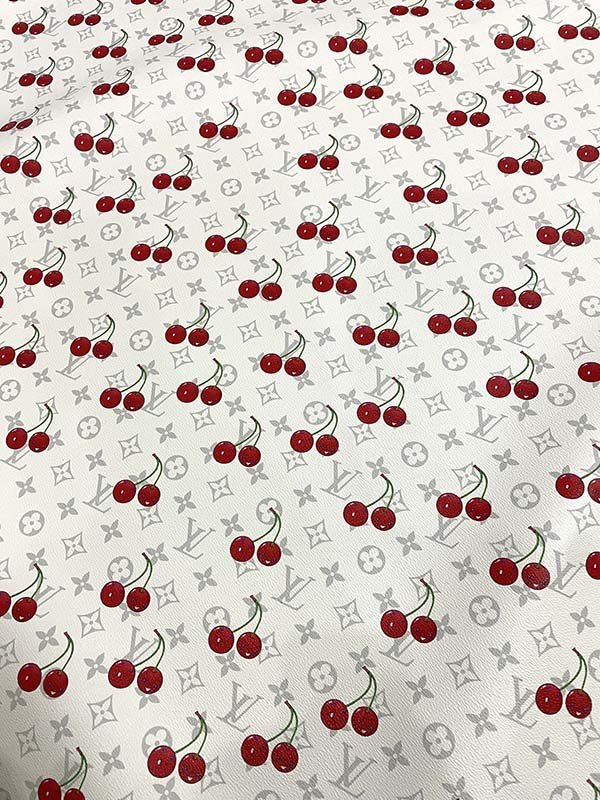 White Grey Cherry Takashi Murakami LV Leather Designer Fabric - mingfabricstore