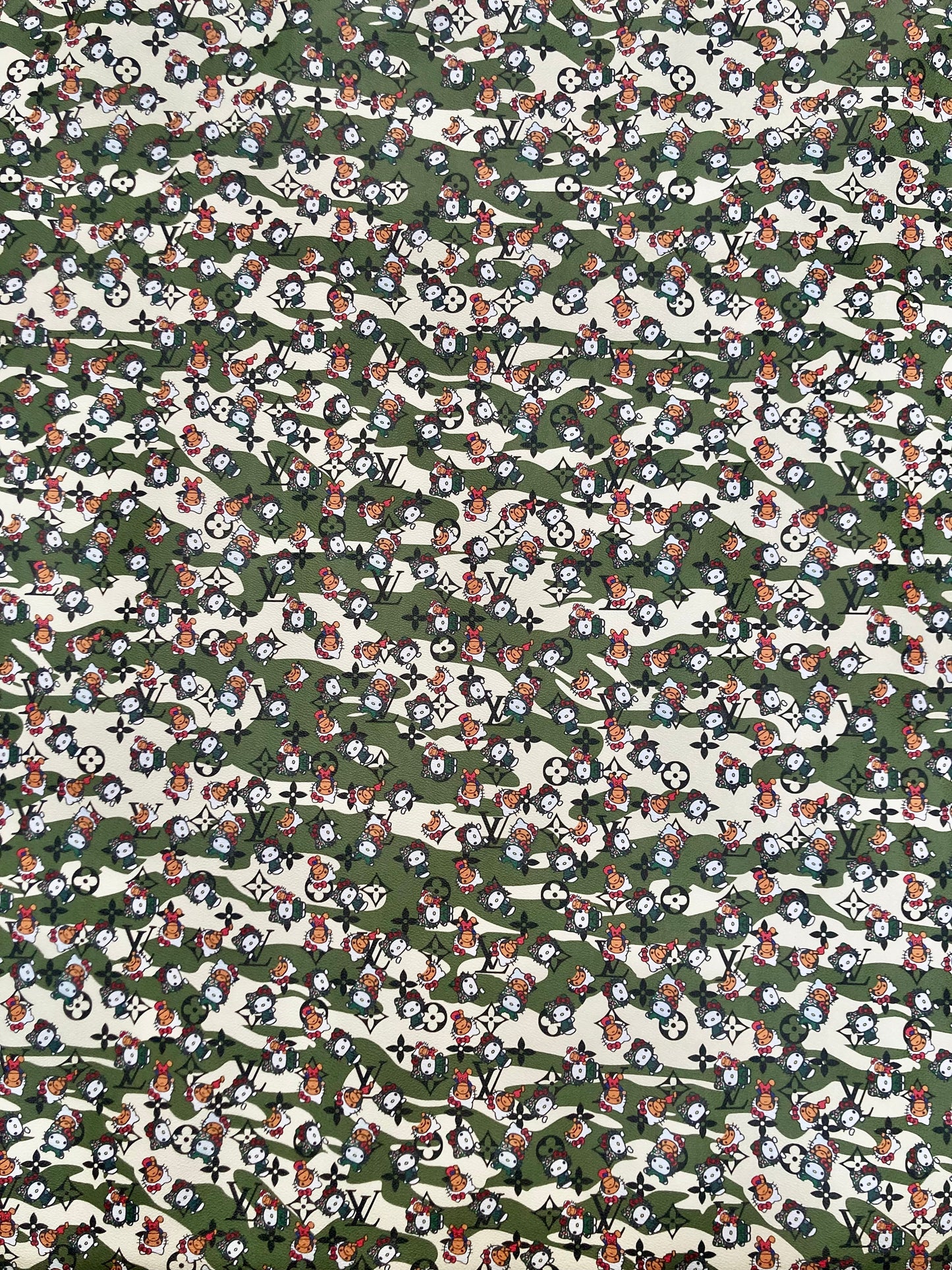 Bape Kitty Cartoon Camouflage LV Vinyl Faux Leather Fabric for Custom Sneakers DIY Crafts Sewing
