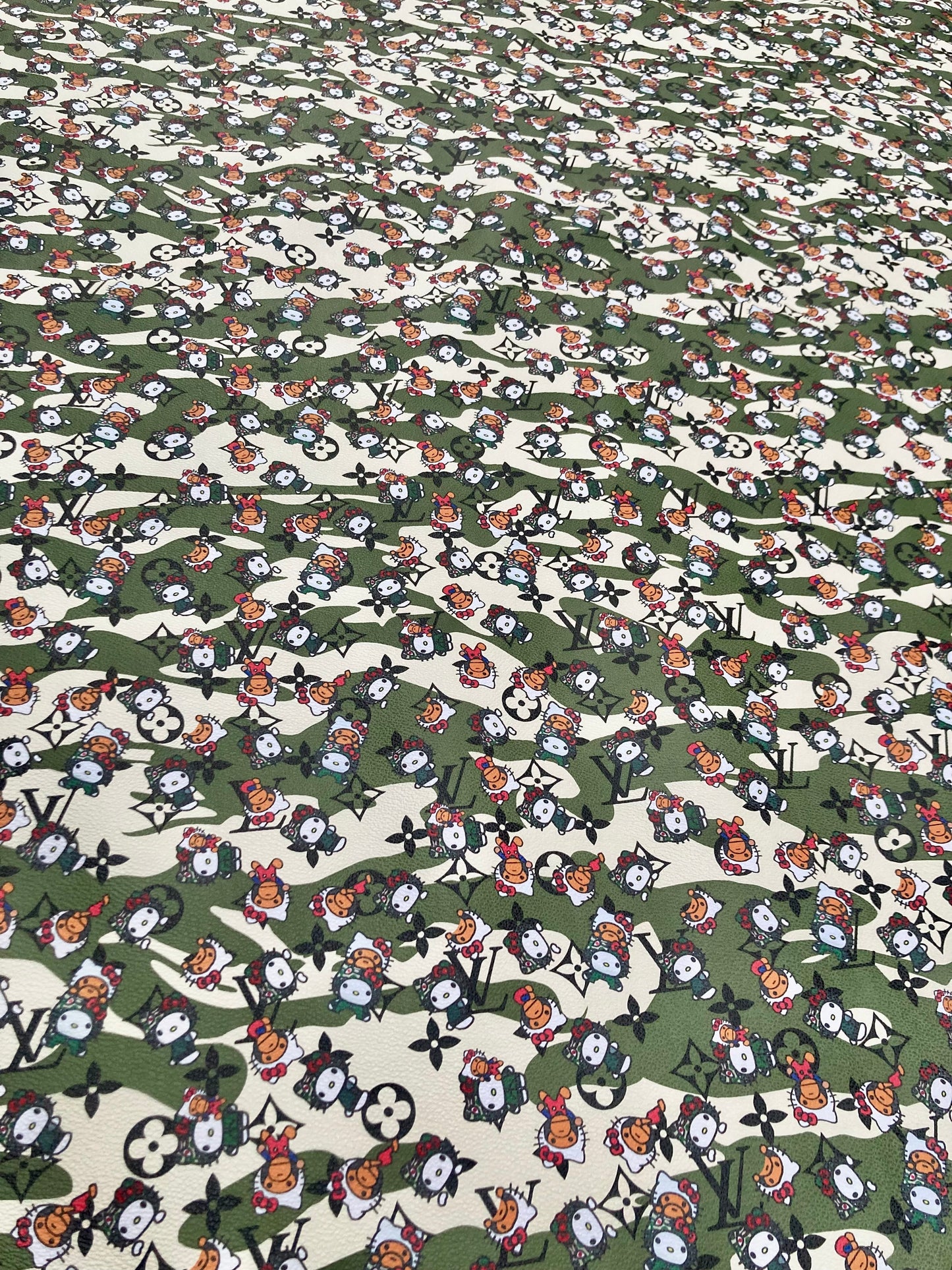 Bape Kitty Cartoon Camouflage LV Vinyl Faux Leather Fabric for Custom Sneakers DIY Crafts Sewing