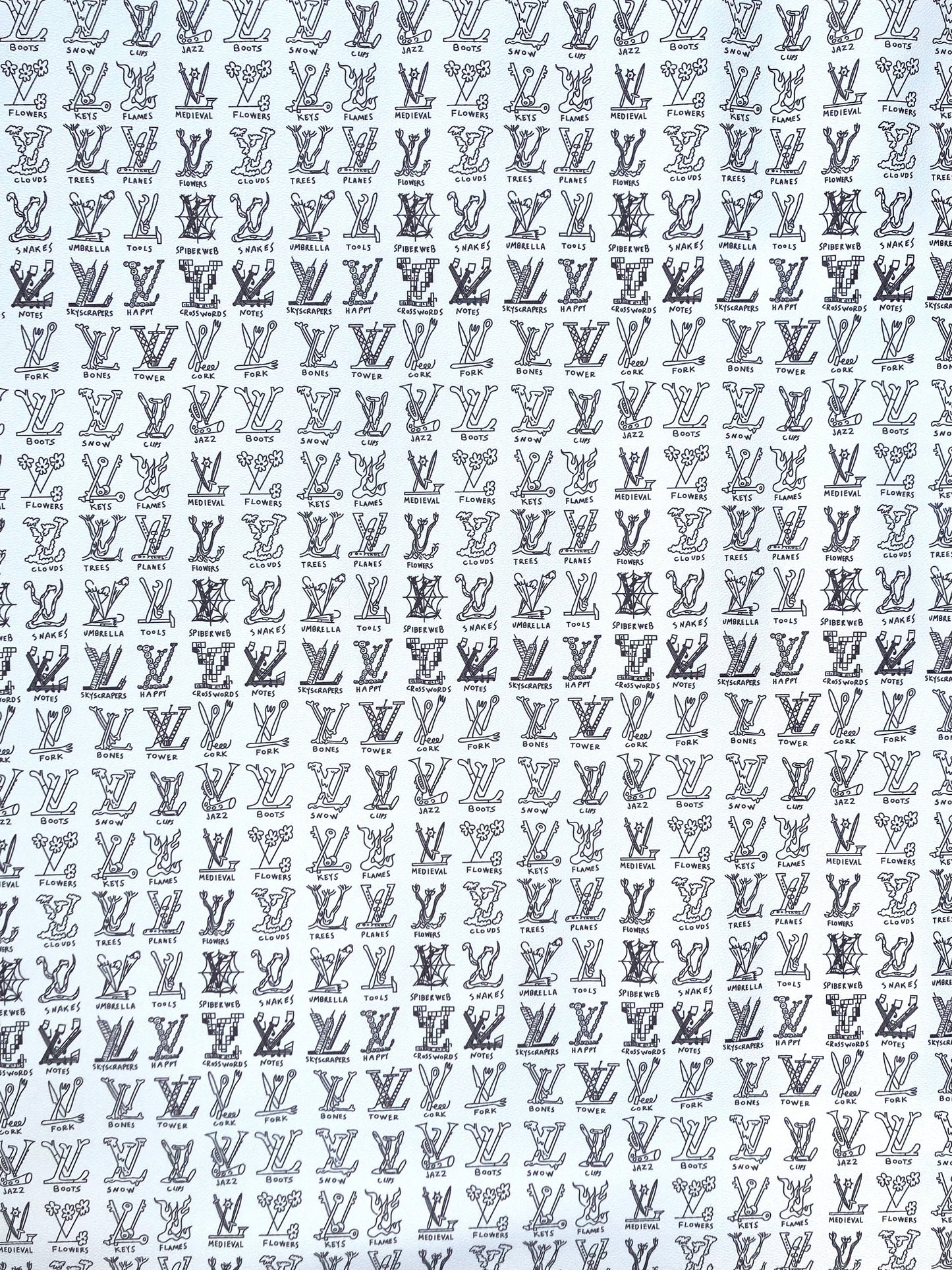 Custom Hand painted Casual LV Doodle Vinyl Leather Fabric for DIY Bag Upholstery