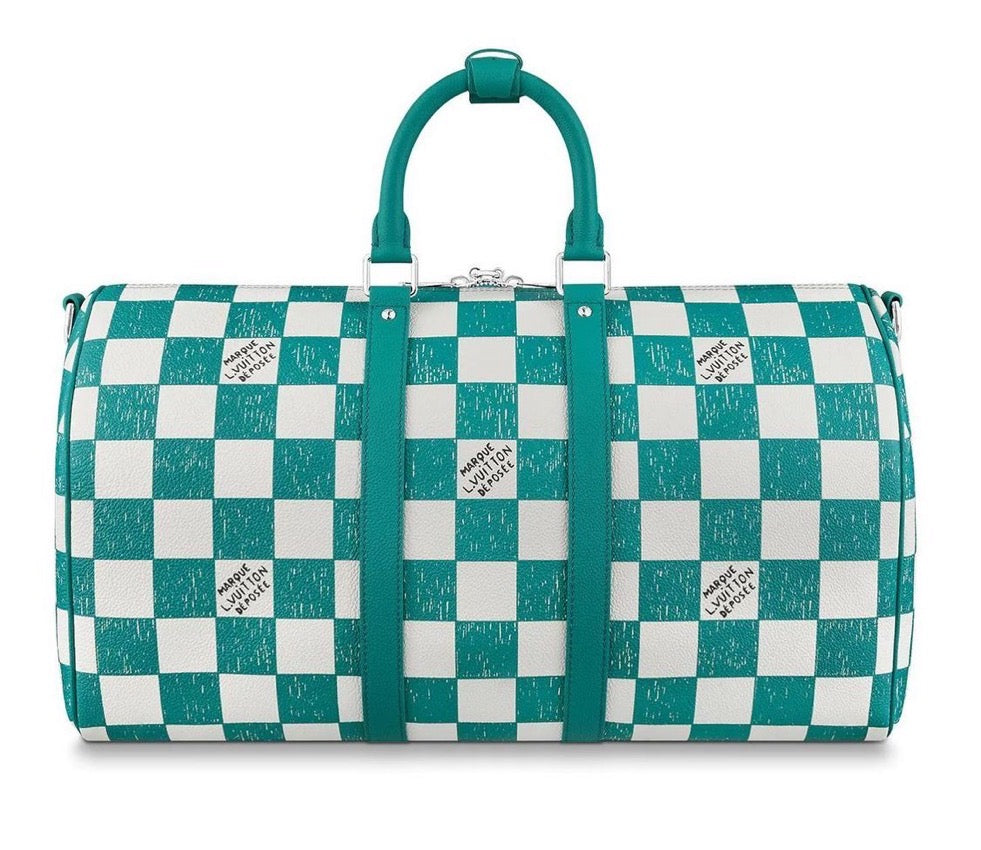 Aqua Green Check Mark Handwriting LV Vinyl Faux Leather for Bag